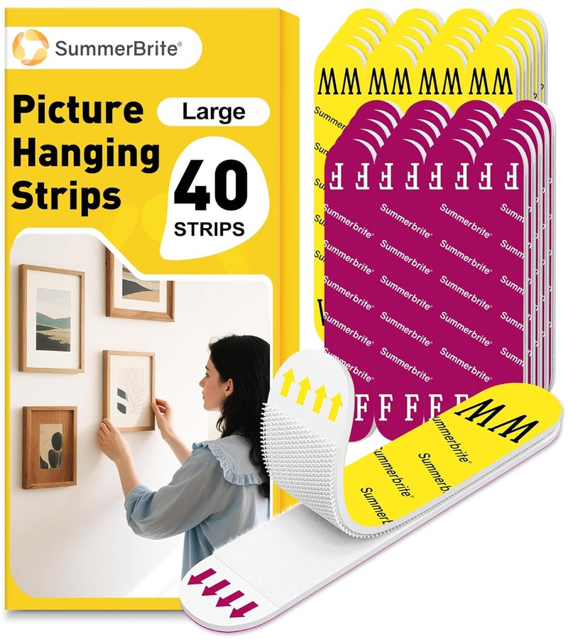 Summerbrite Large Picture Hanging Strips Heavy Duty, Damage Free Picture Hangers for Walls without Nails/Tools, Wall Sticky Hook and Loop Adhesive Strips Kit for Poster, Home, Office, 40 Strips/20Pairs-Large - Image 1